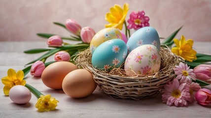 Fototapeta premium Easter Eggs and Spring Flowers on a Pastel Background