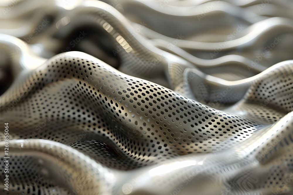 Poster abstract metallic waves with perforated surface, creating a dynamic texture in soft light