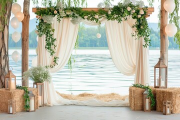 Rustic Country Wedding Altar by a Serene Lake Featuring a Wooden Arch Adorned With Fabric, Wildflowers, and Lanterns