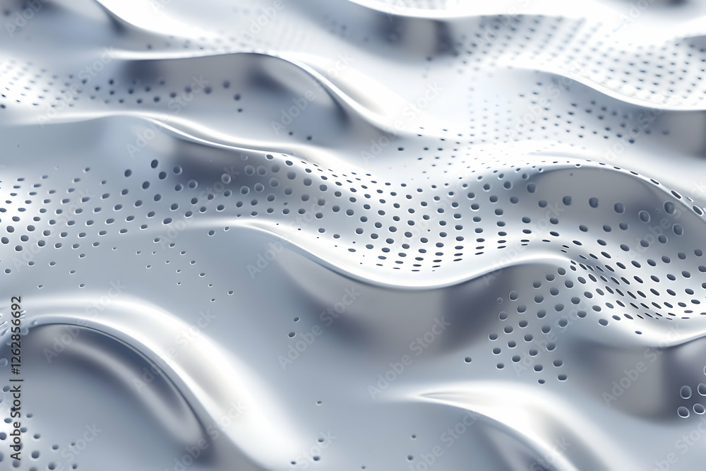 Poster abstract metallic surface with flowing waves and dotted patterns, creating a dynamic visual effect