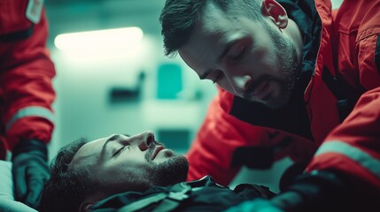 Laying on the ground with in yellow jacket. First aid training is training for a person. A man giving an ambulance to an injured man. A man lying on the ground next to another man lifestyle in a.