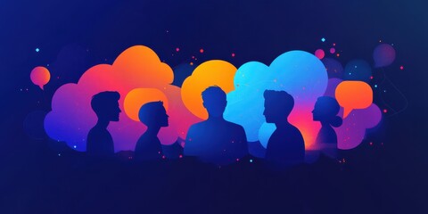 Vibrant illustration of silhouettes meeting with colorful speech bubbles and clouds