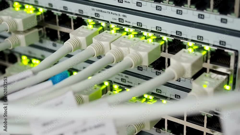 Wall mural server rack with light switch boards and cables. inside data center ethernet wire connected switch