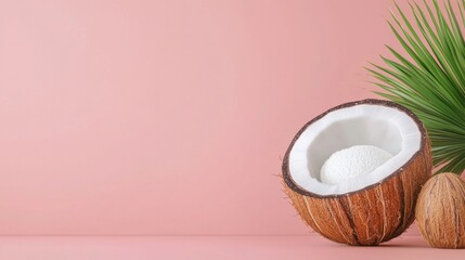 Fresh Coconut Shell with White Flesh and Tropical Green Leaf on Pink