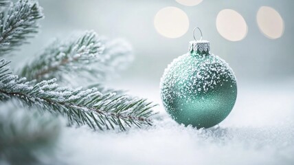 Frosted Christmas Ornament on Snowy Branch