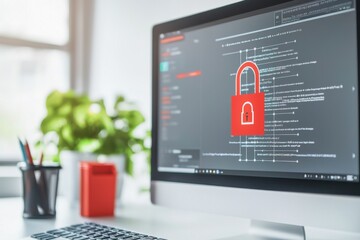 Modern Computer Screen with Digital Lock Symbol and Coding Display