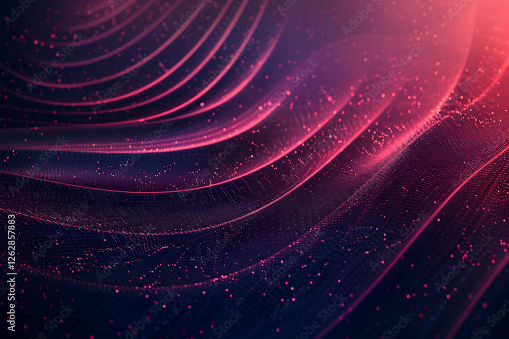 Poster abstract waves of vibrant colors with glowing particles creating a dynamic digital landscape