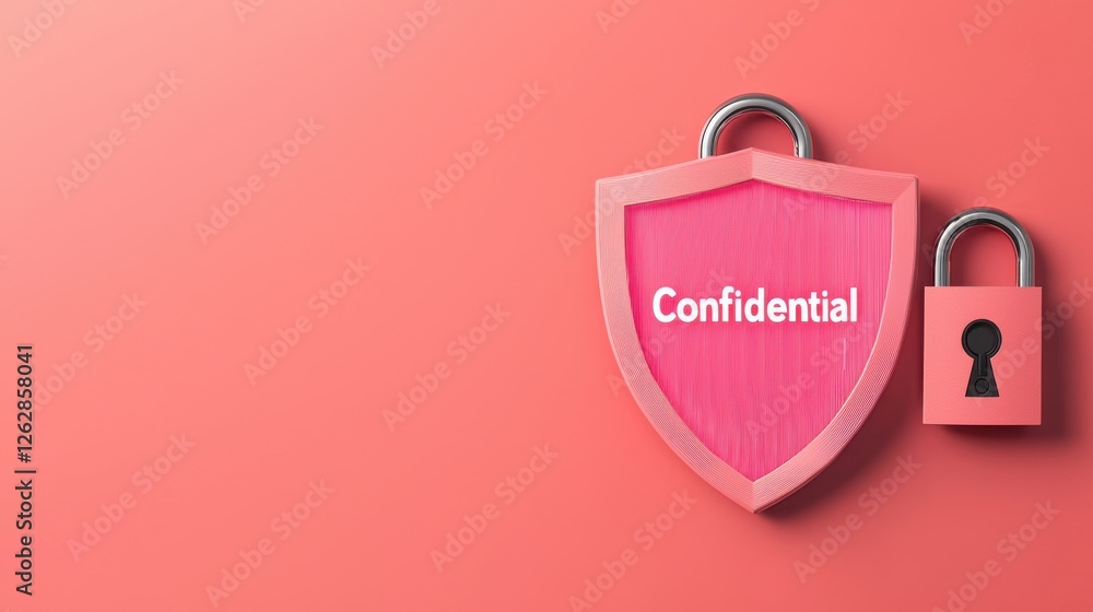 Poster secure shield with confidential text and padlock on pink background