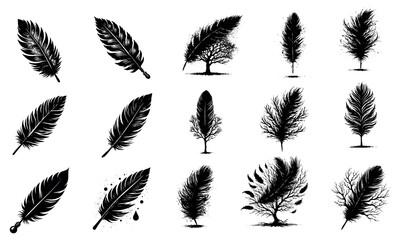 Set of Trees and Feathers Silhouettes design