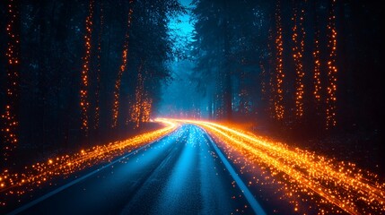 Mystical forest road at night