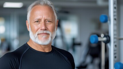 Fototapeta premium Elderly senior man practicing weightlifting with blue dumbbells in a gym setting