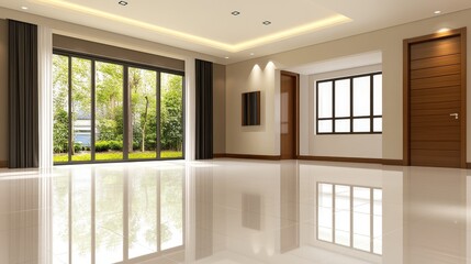 Fototapeta premium Modern interior of a spacious living room with large windows showcasing a garden view outside