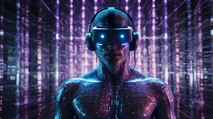 Futuristic gamer wearing VR headset immersed in a digital world with glowing lines. Technology concept.