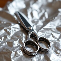Silver Scissors on Crumpled Metallic Foil Background