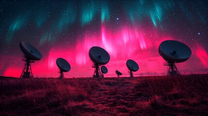 Naklejka premium Radio Telescopes Under Aurora Borealis
