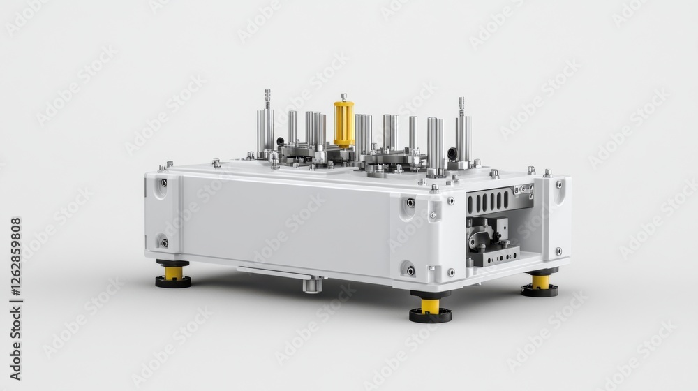 Poster modern industrial control device with multiple connectors and components on a clean white background