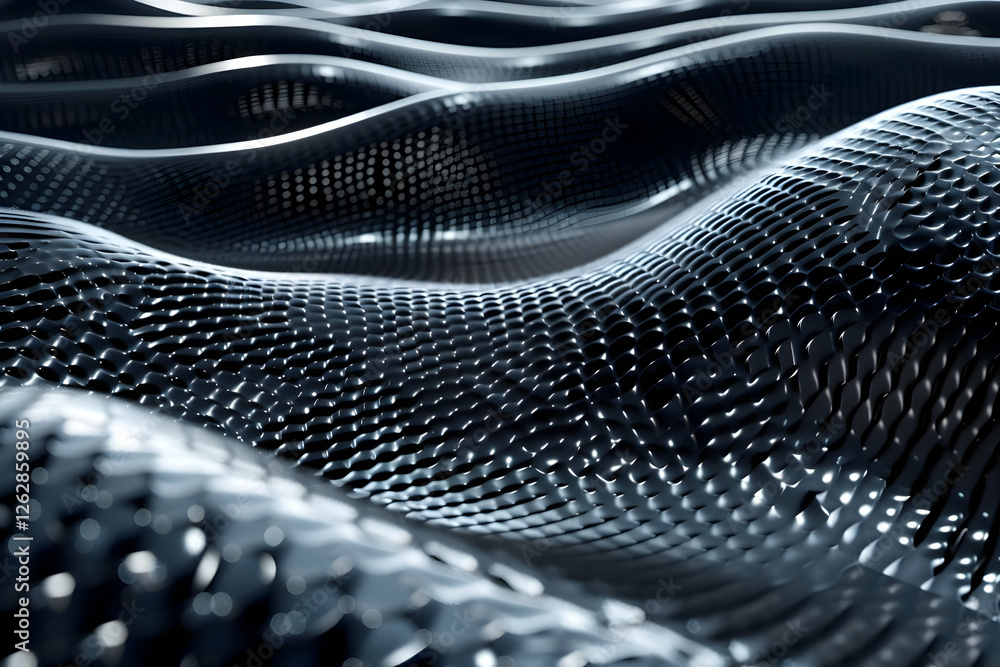 Poster abstract representation of metallic waves undulating in a futuristic landscape with reflections