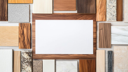 A collection of various wood and stone samples arranged on a neutral background.