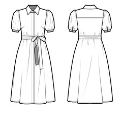 Technical flat sketch of Puff sleeve midi dress. Collared shirt dress with waist self tie and short sleeves. Button down placket. Vector mock up Template. 