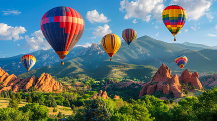Obraz premium Colorful hot air balloons flying over mountain