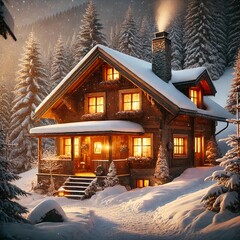 Cozy Winter Cabin in Snowy Forest