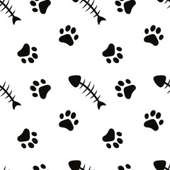 Fototapeta premium Cat footprint Seamless pattern. Cat paw print seamless pattern. Cat footprint and fish endless pattern. Cat print trail repeating pattern