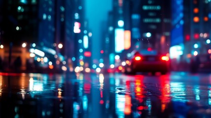Obraz premium Nighttime cityscape with illuminated buildings reflecting on wet pavement and a car driving by