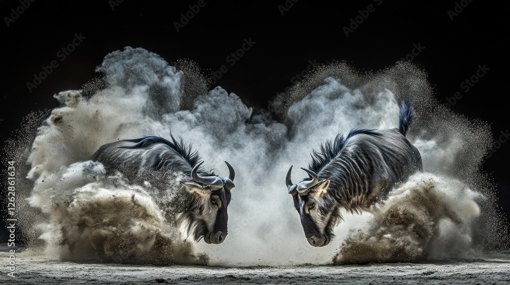 Poster two wildebeests leaping through a cloud of dust, capturing dynamic movement and energy.