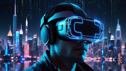 Futuristic gamer wearing VR headset immersed in a digital world with glowing lines. Technology concept.