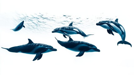 Fototapeta premium Big whales aquatic mammal cretures isolated on white background. Dolphin swimming illustration, whales marine design. Wild nature aquatic animals. 