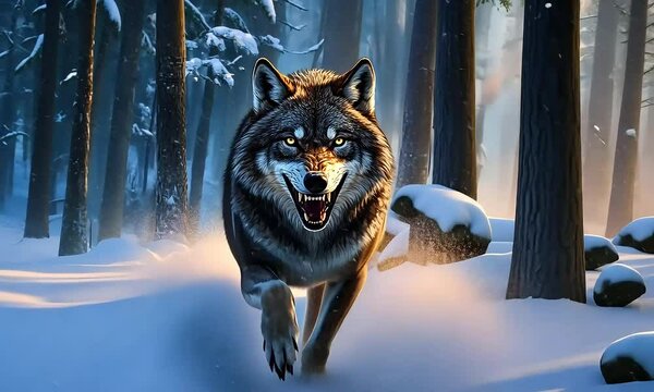 A fierce wolf's portrait in a snowy winter forest.