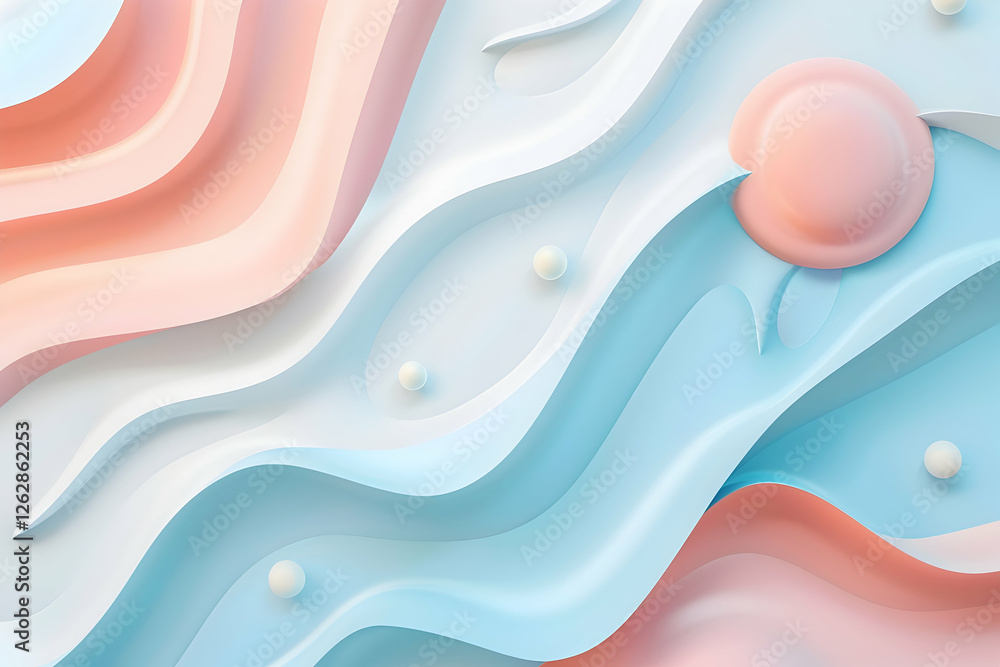Poster abstract wave pattern featuring soft pastel colors with spherical elements, ideal for backgrounds