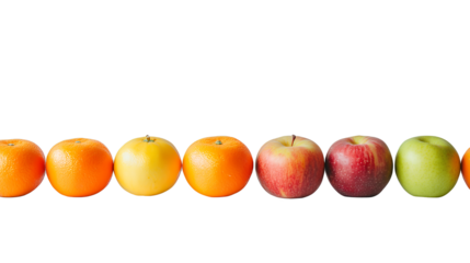 a line of apples and oranges on a transparent background, PNG image, PNG file, Generative art.