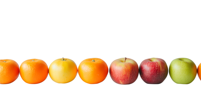 a line of apples and oranges on a transparent background, PNG image, PNG file, Generative art.