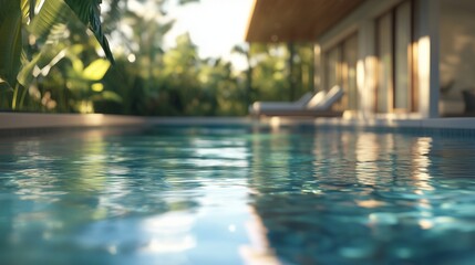 Luxury pool in front of house. 3d design of a luxury villa with a contemporary pool. Digital illustration of a property in the real estate. An upscale swimming pool located at the lifestyle front of.