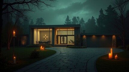 ): Warm candlelight illuminates a modern, minimalist home with wide glass windows, verdant greenery, and a spotless stone driveway, creating a spooky, scary ambiance. Flickering flames, eerie textures