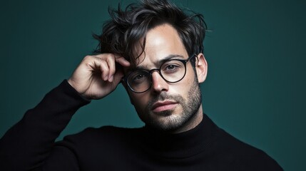 Obraz premium Stylish Man with Glasses Running Fingers Through Hair Against Green Background