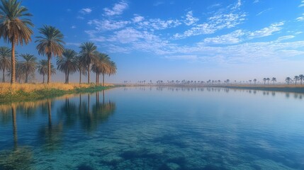 Serene oasis with palm trees reflected in calm, clear water under a vibrant blue sky.
