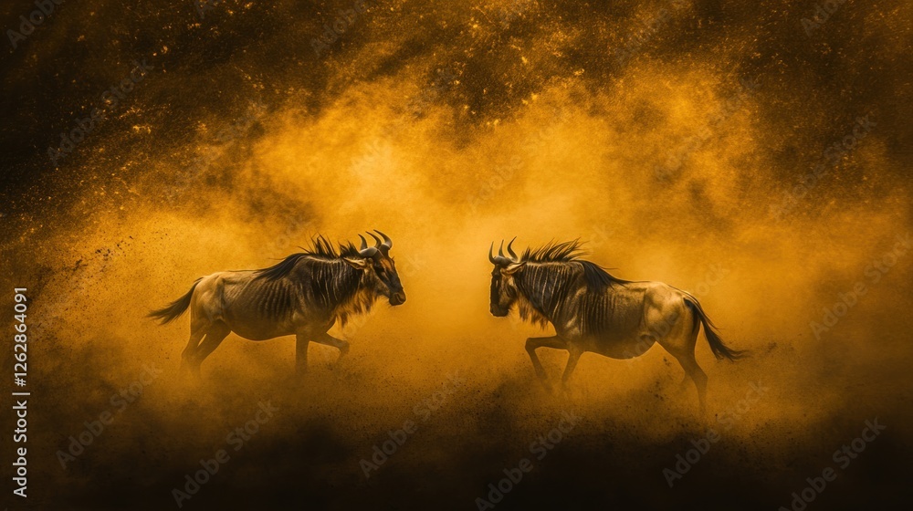 Poster two wildebeests running through a dust cloud, creating a dramatic and dynamic scene.