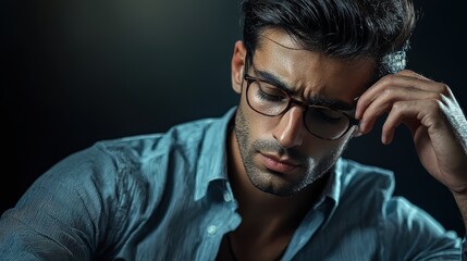 Obraz premium Stylish Man with Glasses Pondering Deep Thoughts in Dark Setting