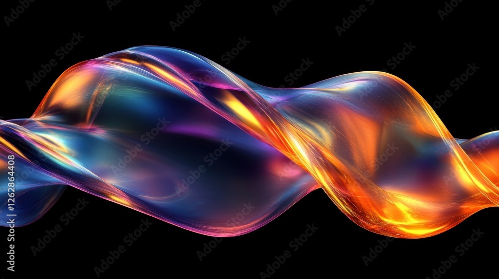 Poster abstract iridescent holographic curved lines on a graphite black background. modern 3d rendering ill