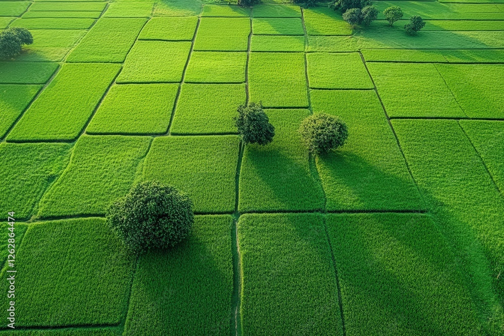 Poster aerial view of lush green fields with neatly arranged patches and scattered trees casting shadows.