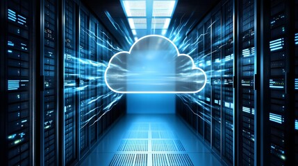 Digital Cloud Concept Over Modern Data Center with Blue Lights