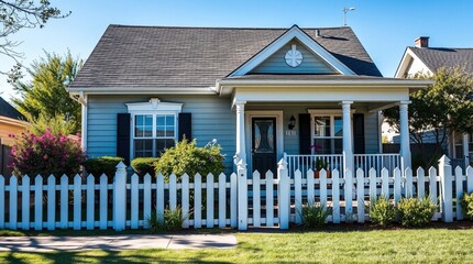 Accurate architectural color photos of a lovely suburban home with a white picket fence, a well-kept garden, and a warm front porch on a sunny day, showcasing intricate details, sharp lines,