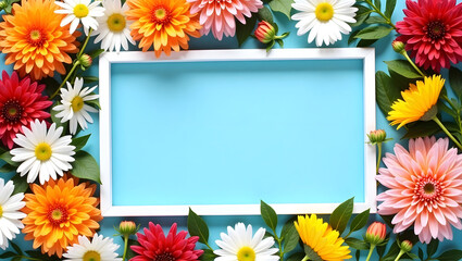 Obraz premium Bright Floral Arrangement with White Frame on Blue Background