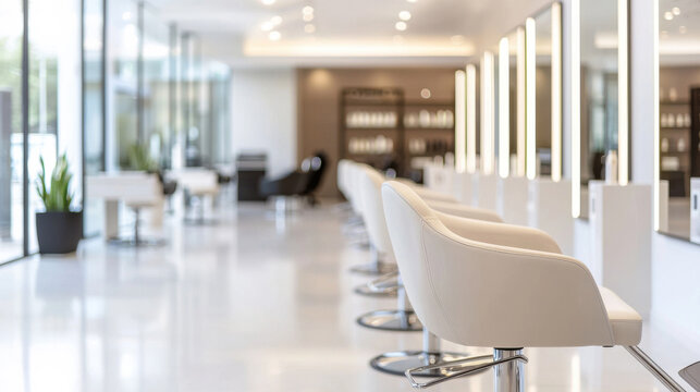 Minimalist hair salon interior with modern chairs and bright natural light.