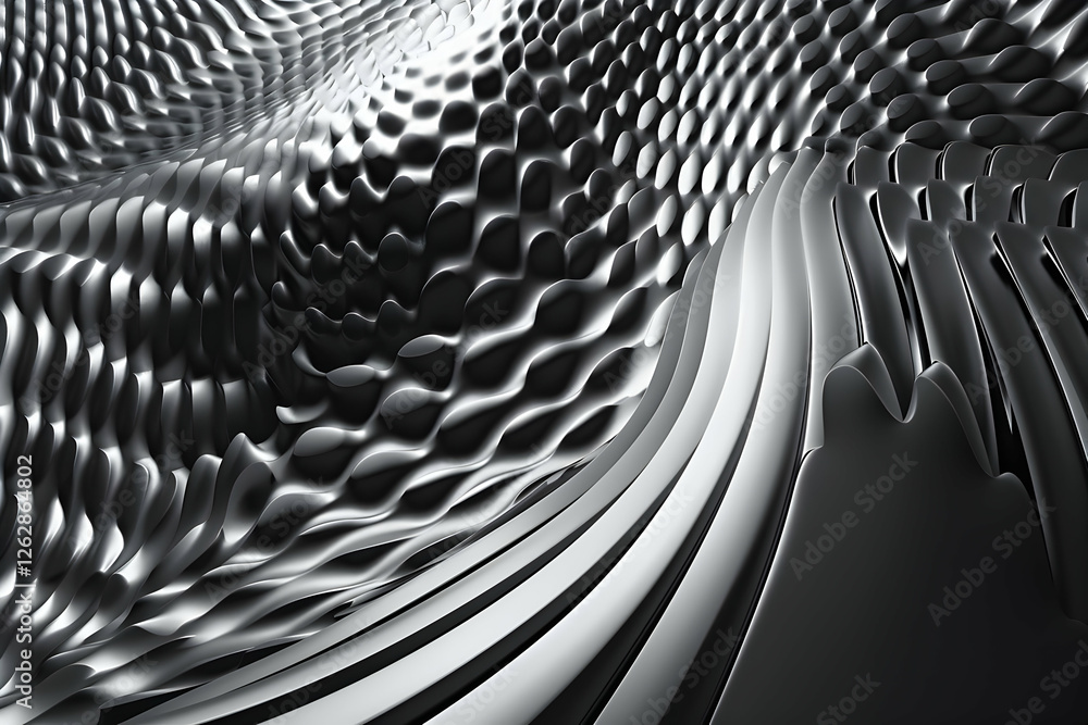 Poster abstract metallic wave pattern showcasing fluid motion and depth with reflective surfaces