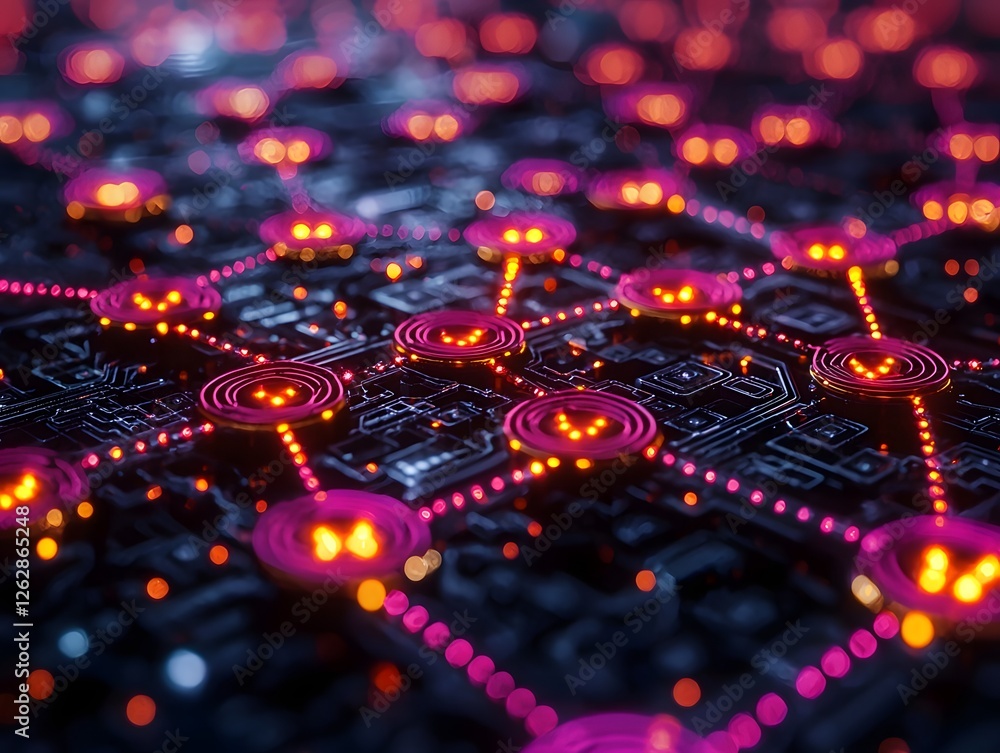 Poster vibrant glowing qubits forming intricate geometric patterns quantum computing concept