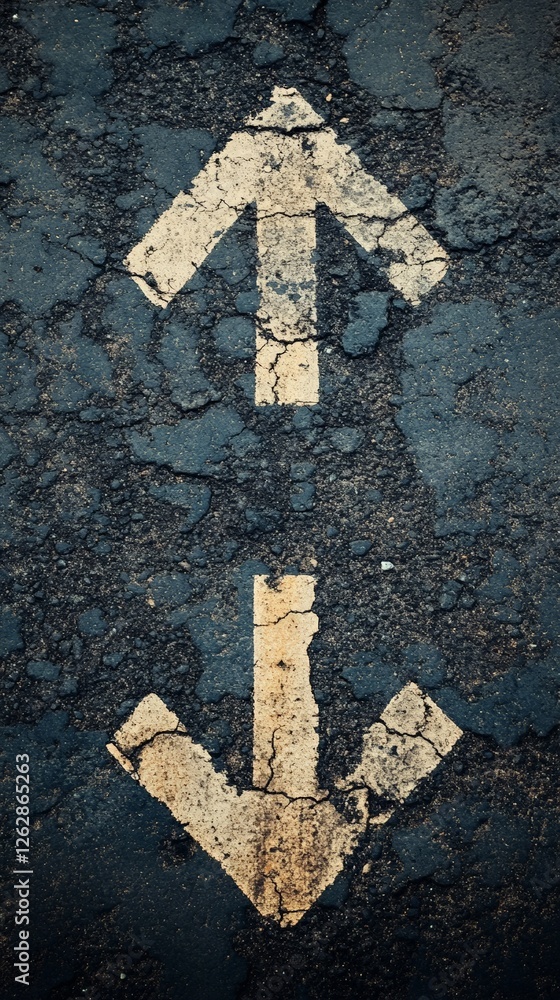 Poster two opposite pointing arrows painted on cracked asphalt represent difficult choices, decision making