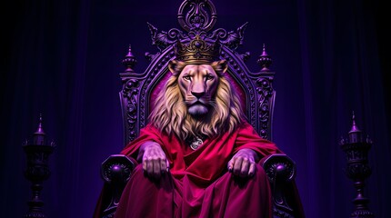 Fototapeta premium Lion King Sitting on Throne Wearing Crown and Red Cape